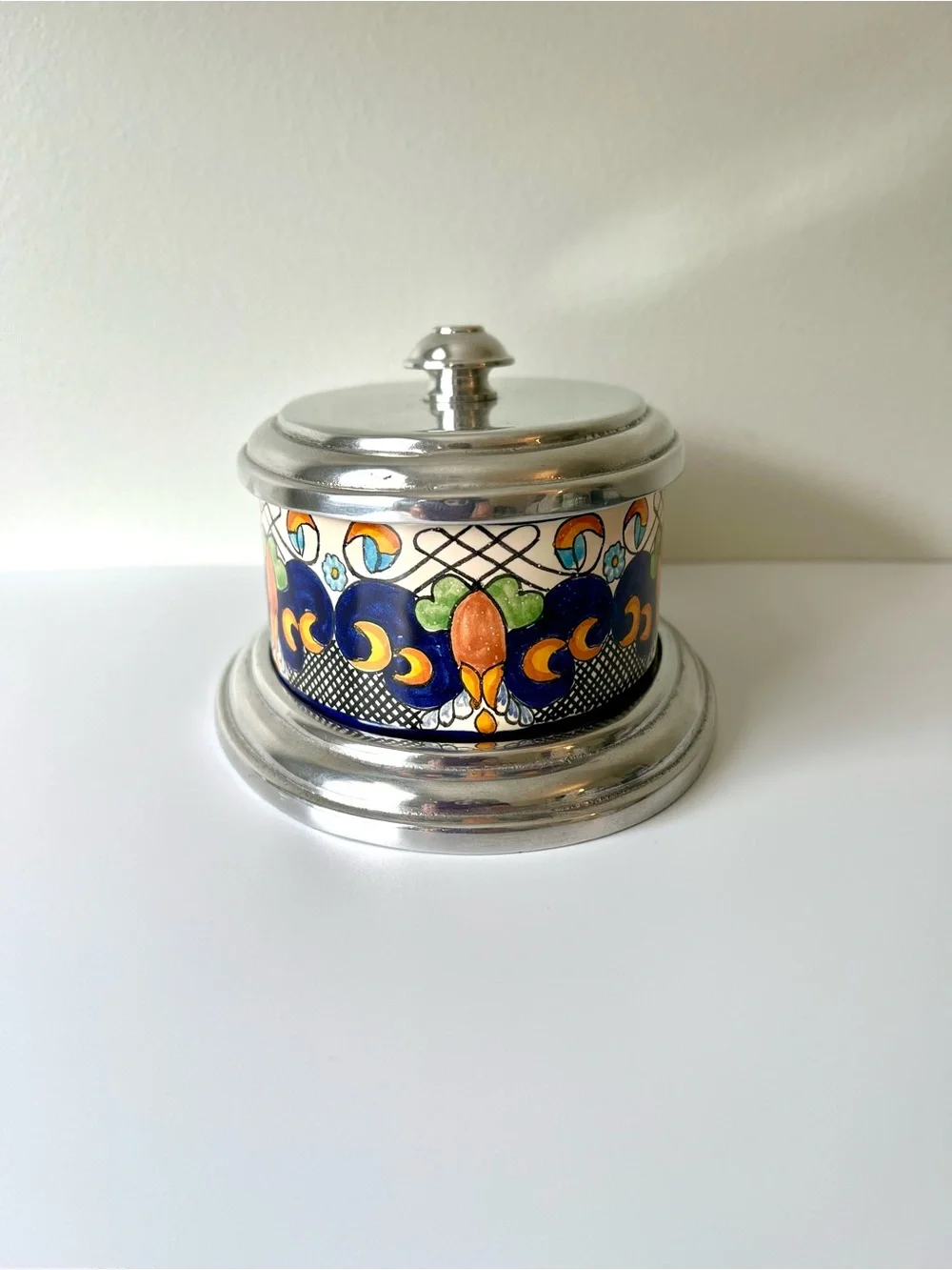 Talavera Pottery Oval Canister Signed Mexico Heavy Aluminum Lid & Base 7.5